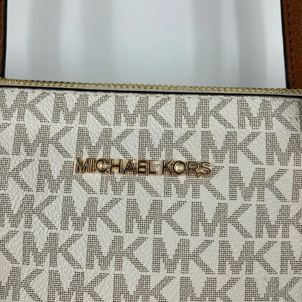 Michael Kors Cream Brown Vanilla Gold Monogram Charlotte Large TZ Tote Bag Purse